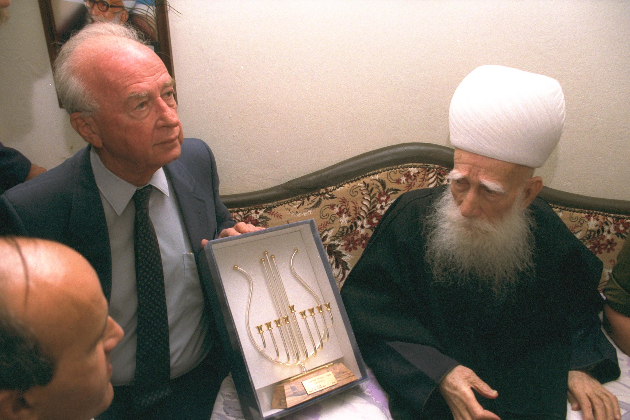 During his visit to Jules, Prime Minister Yitzhak Rabin presents Druze Leader Sheikh Amin Tarif with a g